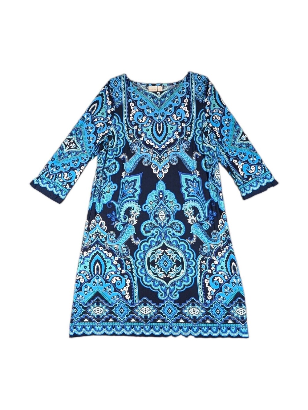 Chicos Womens 3XL Blue Paisley Shift Dress Stretch Career Casual Boho Midi Fit